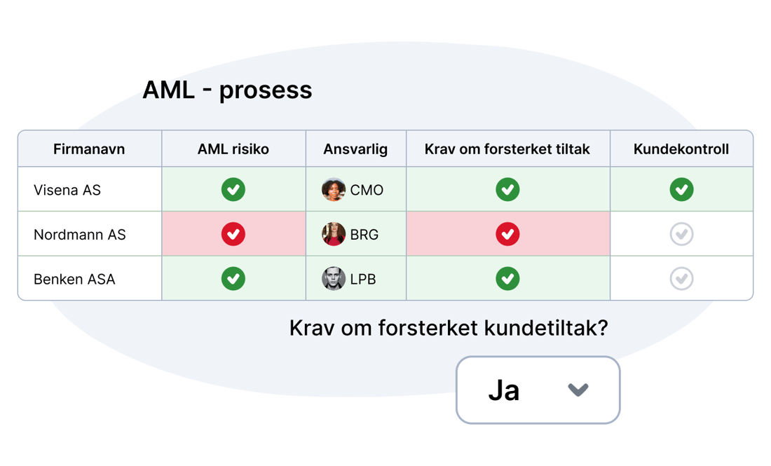 Oversikt over AML-prosessen per kunde med risiko, ansvarlig og kundekontroll i Visena