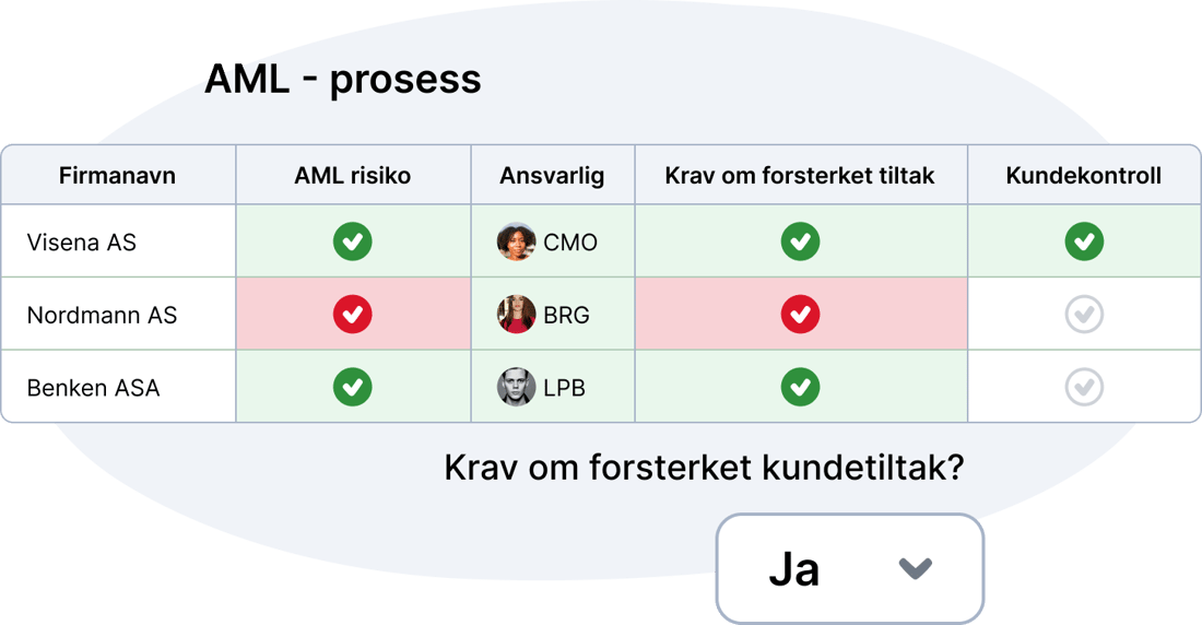 Oversikt over AML-prosessen per kunde med risiko, ansvarlig og kundekontroll i Visena