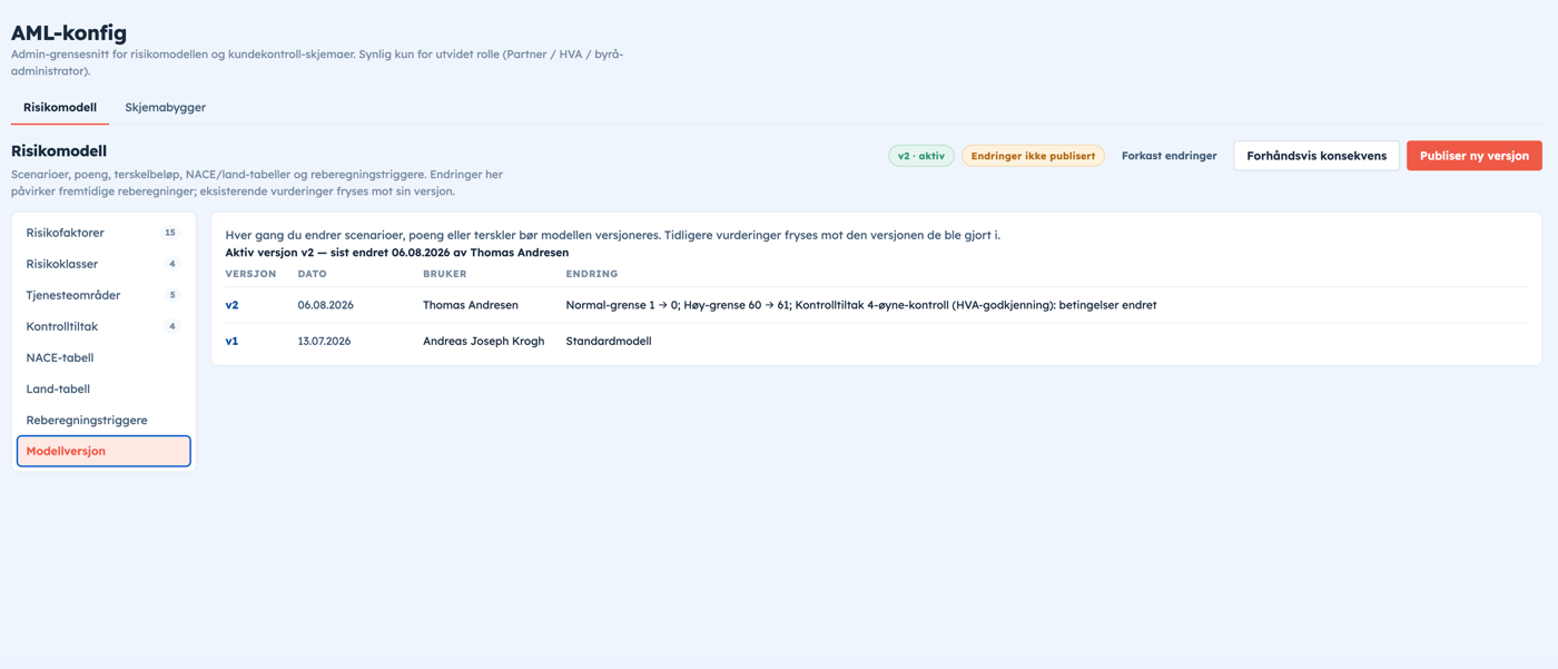 AML-konfig i Visena: modellversjoner med endringslogg